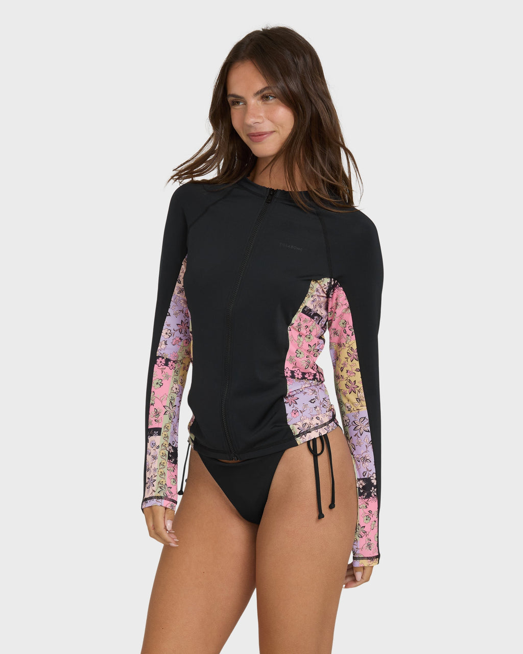 Dreamy Daze Zip Front Long Sleeve Rashguard - Black Pebble