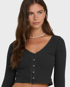 Paxton Long Sleeve Cotton Knit Top - Black Sands